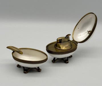 Evans - Guilloché Egg Lighter Ashtray Set White Stone Enamel, Nieuw
