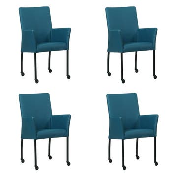 Set van 4 Leren eetkamerstoelen Comfort met wieltjes en, Ophalen of Verzenden, Nieuw, Leer