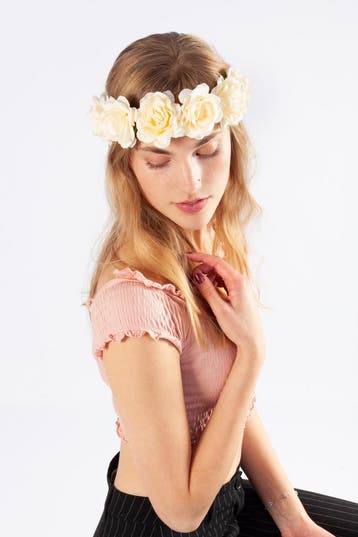 KIMU® Bloemenkrans Haar Rozenkrans Creme Witte Witte Bloemen, Ophalen of Verzenden, Nieuw, Carnaval, Accessoires