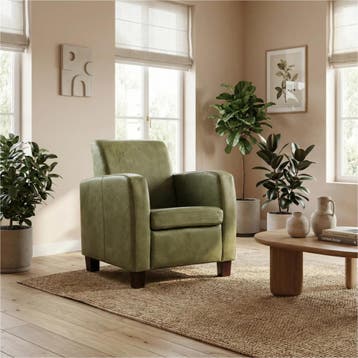 Leren fauteuil Joy - Kenia Olive (olijf) - Poten hout bruin, Huis en Inrichting, Nieuw, Ophalen of Verzenden, Eigentijds, Klassiek, Modern