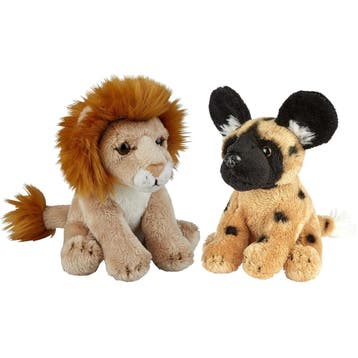 Safari dieren pluche knuffels - wilde hond en leeuw - 15 cm, Verzenden, Nieuw