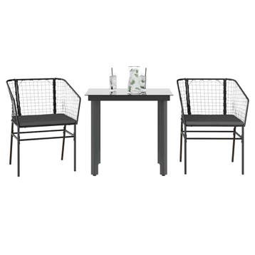 vidaXL 3-delige Tuinset met kussens poly rattan glas zwart, 2 zitplaatsen, Nieuw, Tuinset, Verzenden