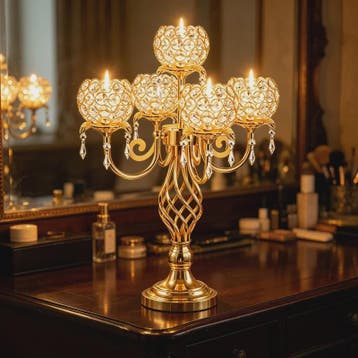 Gouden 5-armige Kristallen Kandelaar met Gedraaide Voet - Lu, Verzenden, Nieuw