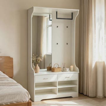 Witte Kapstok met Spiegel, Schoenenkast, Lades en Open Vakke, Huis en Inrichting, Woonaccessoires | Etagères, Verzenden, Nieuw