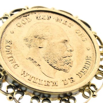 Gouden broche van 10 gulden munt Koning Willem De Derde 1875, Ophalen of Verzenden, Gebruikt, Goud, Goud