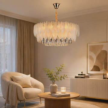 Luxe Pluimen & Kristal Plafondlamp - Sfeervolle Hanglamp voo, Verzenden, Nieuw
