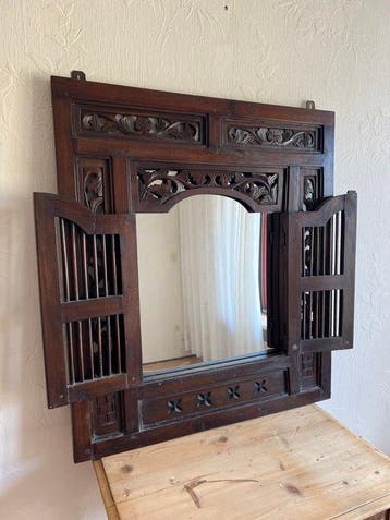 Wandspiegel - Teak - Oosterse Wandspiegel, Antiek en Kunst, Curiosa en Brocante