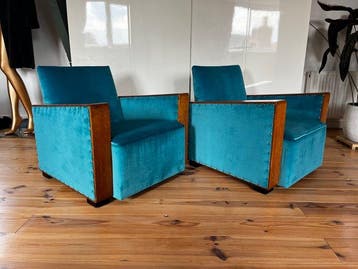 Lounge stoel (2) - Velours, Eik - Art Deco lounge chairs