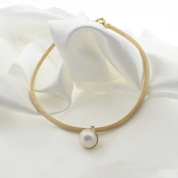 Gouden mesh schakelcollier met parelhanger (Ketting), Gebruikt, Ophalen of Verzenden, Met edelsteen, Goud