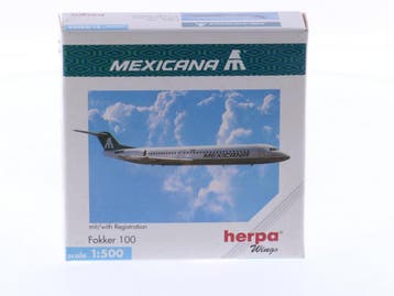 Schaal 1:500 Herpa 509251 Mexicana Fokker 100 Reg. PH-LXG..., Hobby en Vrije tijd, Modelbouw | Vliegtuigen en Helikopters, Ophalen of Verzenden