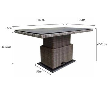 Miami lounge-diningtafel 130x75xH47-71 cm in hoogte, Tuin en Terras, Tuintafels, Ophalen of Verzenden, Nieuw, Wicker