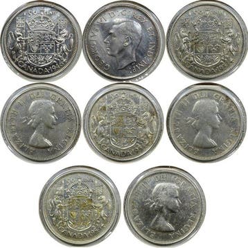 Canada. Lote de 4 MOEDAS de 50 Cents EM PRATA – 1943, 1953,