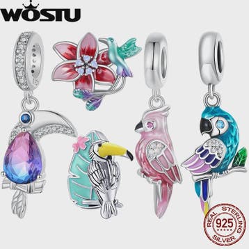 WOSTU 925 Sterling Zilver Papegaai Bedel met Roze Emaille &