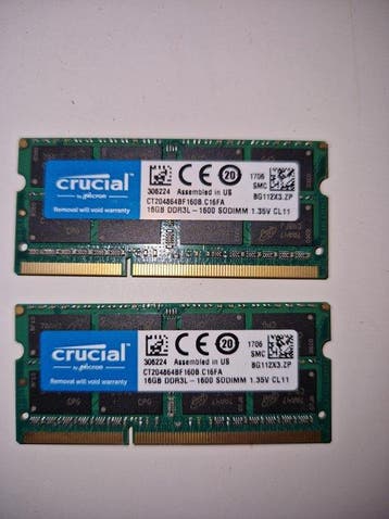 Crucial 32 GB (2 x 16 GB) DDR3L-1600 SODIMM - Laptop, Nieuw
