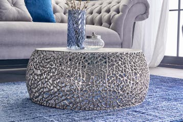 Ronde salontafel ABSTRACT BLAD 75cm antiek zilver metaal, Ophalen of Verzenden, Nieuw