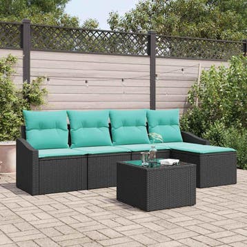vidaXL Bankstel met kussen 6 pcs Zwart poly rattan, Verzenden, Nieuw, Rotan, 6 zitplaatsen