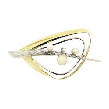 Bicolor gouden fantasiebroche met parel en diamant; 0,03 ct., Gebruikt, Overige kleuren, Ophalen of Verzenden, Met edelsteen
