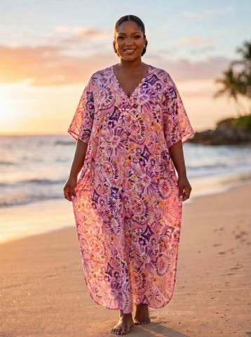 Boho rayon kaftan jurk - Roze Paars Lilac Bloom, Ophalen of Verzenden, Nieuw