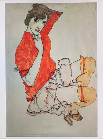 Egon Schiele (after) - Wally in a red blouse with raised