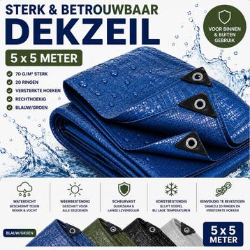 Dekzeil 5 x 5 m, 70 g/m² sterk, 20 ringen, versterkte hoe.., Verzenden, Nieuw