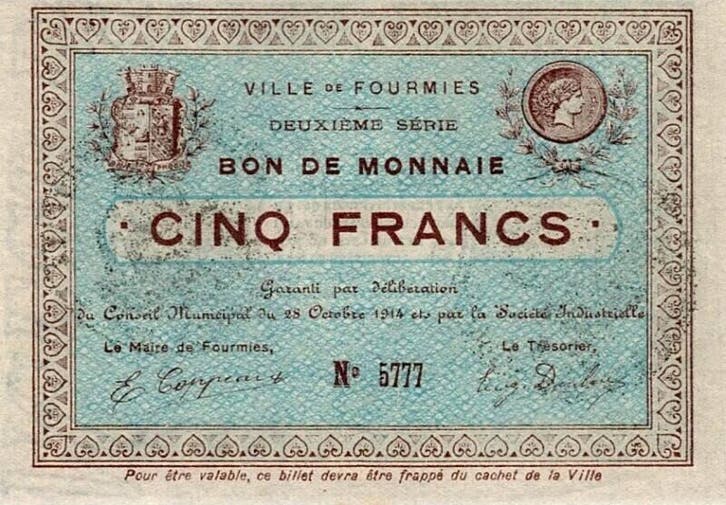 5 Francs France Komitat 59 – Fourmies – Muenzanleihe –, Postzegels en Munten, Munten | Nederland, Verzenden