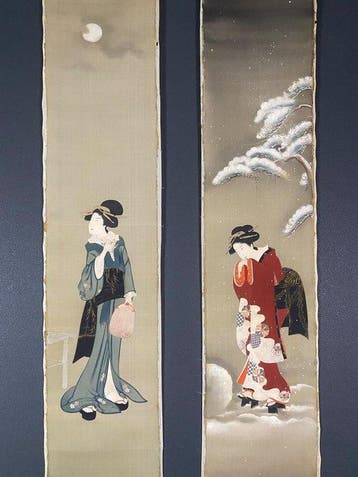Zeer fraai diptychon Beauties, Snow and Moon, gesigneerd -