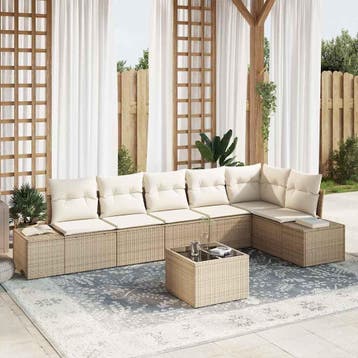 vidaXL Tuinbankenset met opslag Beige en Crème poly rattan, Verzenden, Nieuw, Rotan, 7 zitplaatsen