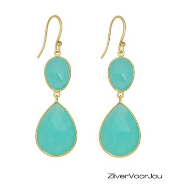 Elegante 925 zilveren gold plated oorhangers met aqua chalce, Verzenden, Nieuw, Zilver