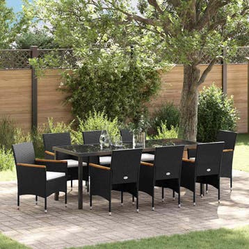 vidaXL Tuin eettafelset 9 st Zwart poly rattan, Verzenden, Nieuw, Rotan, Meer dan 8 zitplaatsen