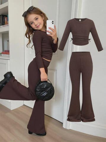 Kids Girls 2 Piece Brown Waffle Knit Ruched Drawstring Crop, Verzenden, Nieuw