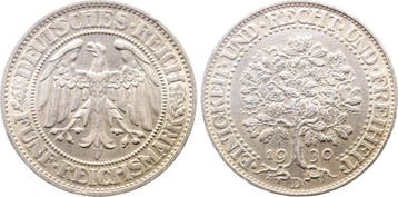 Duitsland 5 Reichsmark 1930 D Eichbaum vz/stgl kl Randfeh..., Verzenden