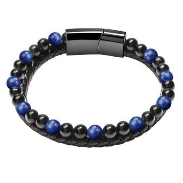 Fako Bijoux - Leren Natuurstenen Armband Heren - Zwart Leer, Verzenden, Nieuw