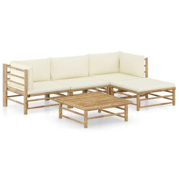 vidaXL 5-delige Loungeset met crèmewitte kussens bamboe, Verzenden, Nieuw, Hout, Loungeset