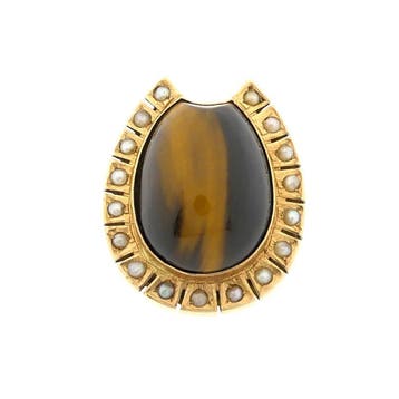 Gouden broche met tijgeroog en parels, Sieraden, Tassen en Uiterlijk, Broches, Gebruikt, Ophalen of Verzenden, Met edelsteen, Goud