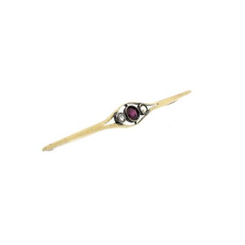 Gouden broche met robijn en diamanten; 0,12 ct., Sieraden, Tassen en Uiterlijk, Broches, Gebruikt, Overige kleuren, Ophalen of Verzenden