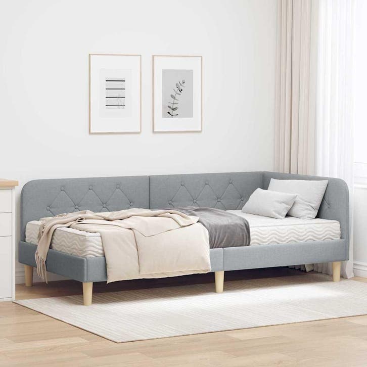 vidaXL Hoekbedframe Lichtgrijs 90 x 190 cm Stof, Huis en Inrichting, Slaapkamer | Bedden, Nieuw, Stof, Verzenden