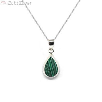 Zilveren ketting met zilveren druppel hanger malachiet groen, Verzenden, Nieuw, Zilver