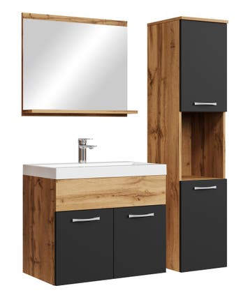 Badkamermeubel Set Montreal 60 x 35 cm Eiken Zwart Badmeubel, Verzenden, Nieuw, Wastafelkast