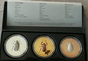 Cookeilanden. 5 Dollars 2017 SCARAB Selection 3x1 Oz mit CoA