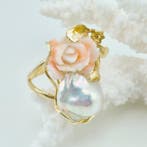 Koraal - Zilver, Verguld - Ring - Roze koraal en parel, Antiek en Kunst, Curiosa en Brocante