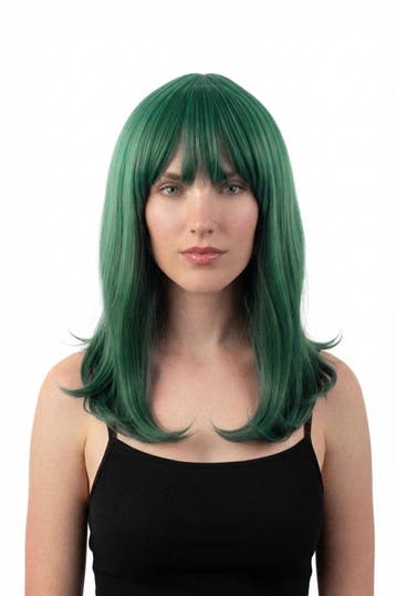 KIMU® Luxe Groene Pruik Schouderlengte Haarwerk Stijl Pony G, Kleding | Dames, Carnavalskleding en Feestkleding, Ophalen of Verzenden