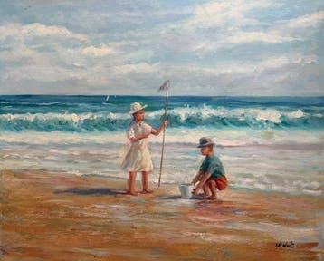 Walter West ( XX ) - Enfants jouant au bord de leau