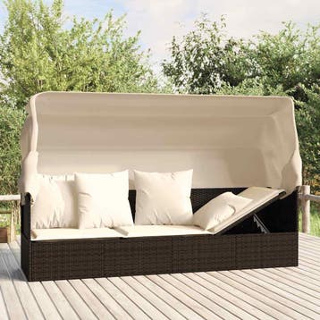 vidaXL Loungebed met luifel en kussens poly rattan bruin, Verzenden, Nieuw