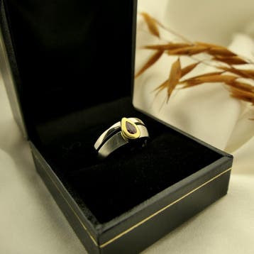 Bicolor platina ring met robijn, Overige materialen, Gebruikt, Overige kleuren, Ophalen of Verzenden