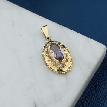 Vintage gouden hanger met amethist (Hanger of bedel), Ophalen of Verzenden, Gebruikt, Goud, Overige merken