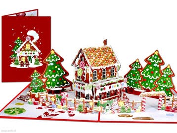 Vrolijke Kerstkaart Snoephuisje Kerstbomen pop-up kaart, Verzenden, Nieuw