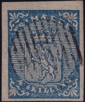 Noorwegen 1855 - Rampant leeuw 4 sk. azuurblauw Unif. 1 goed, Gestempeld