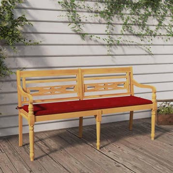 vidaXL Bankje Batavia met rood kussen 150 cm massief, Verzenden, Nieuw, Teakhout