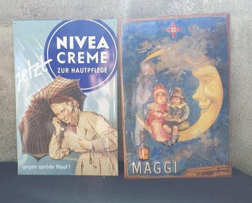Nivea / Maggi - Twee grote borden van 60 x 40 cm - Emaille
