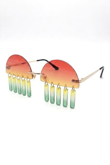 Fringe Zonnebril Goud Montuur Rode Gele Groene Glazen Geel G, Ophalen of Verzenden, Nieuw, Feestartikel, Carnaval